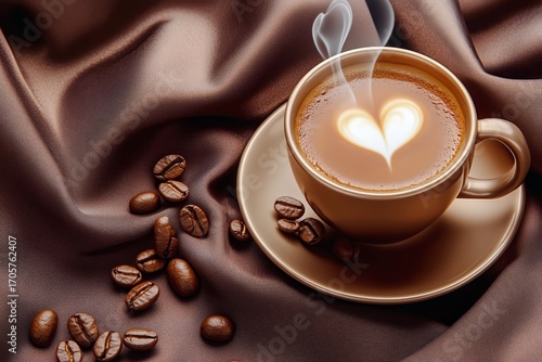 Warm Cup of Coffee With Heart Design and Coffee Beans on Soft Fabric Backdrop
