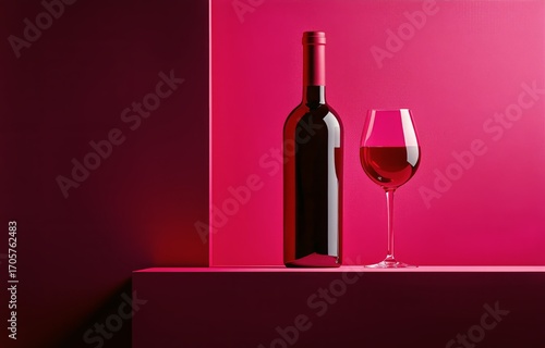 Wine Bottle and Glass Against Bright Pink Background Showcasing Elegance and ...