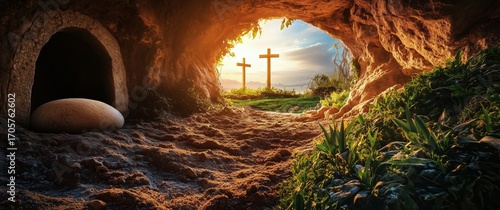 Sunrise Illuminates Crosses in a Cave During a Tranquil Morning in the Countr...