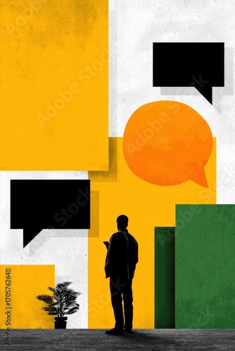 Stylized illustration of a silhouetted figure using a phone, surrounded by colorful, abstract speech bubbles on a textured background