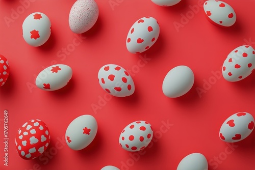Colorful Decorated Eggs Arranged on Bright Red Background for Festive Celebra...
