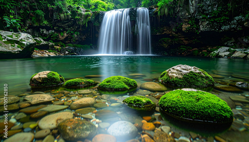 Fototapeta Naklejka Na Ścianę i Meble -  Serene Waterfall Cascade with Mossy Rocks and Clear Pool