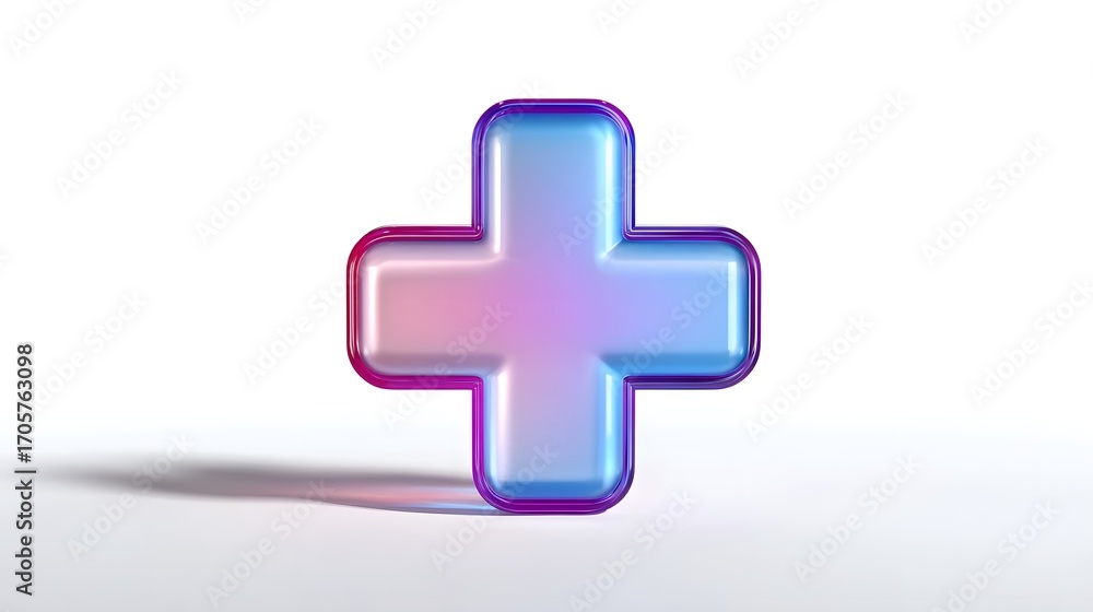 Fototapeta premium A striking, three-dimensional plus or cross symbol in a colorful gradient design, representing healthcare, technology, and innovation.