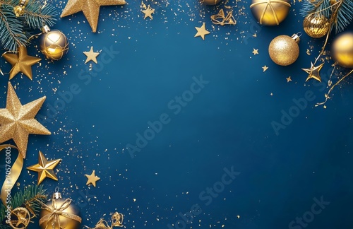 Decorative Golden Christmas Ornaments and Stars on Blue Background for Festiv...