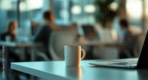 Laptop and Coffee Cup on Table in Modern Workspace During Busy Office Hours.