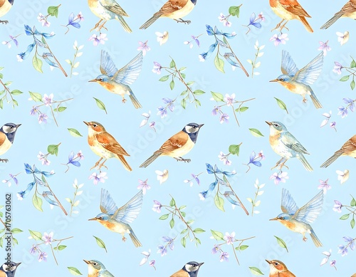 Watercolor birds and flowers seamless pattern