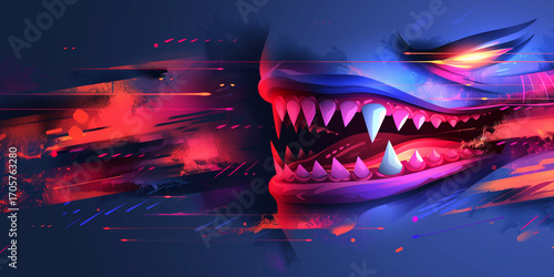Red and Black Halloween Background with Sharp Teeth Monster in Abstract Horror Style