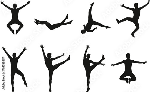 Silhouette Vector Set of Male Ballet Dancers Performing Various Dance Poses and Acrobatics in Dynamic Jumping and Balancing Movements