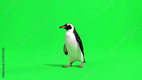 Charming penguin waddles dynamically across vibrant green screen for creative projects