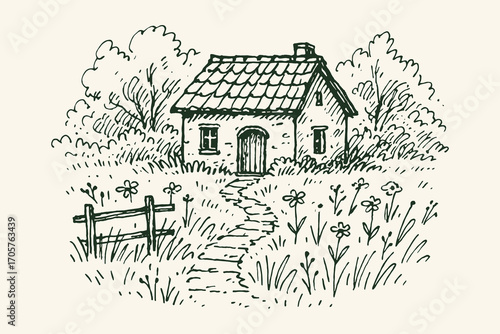Country house rustic sketch black on beige vector illustration
