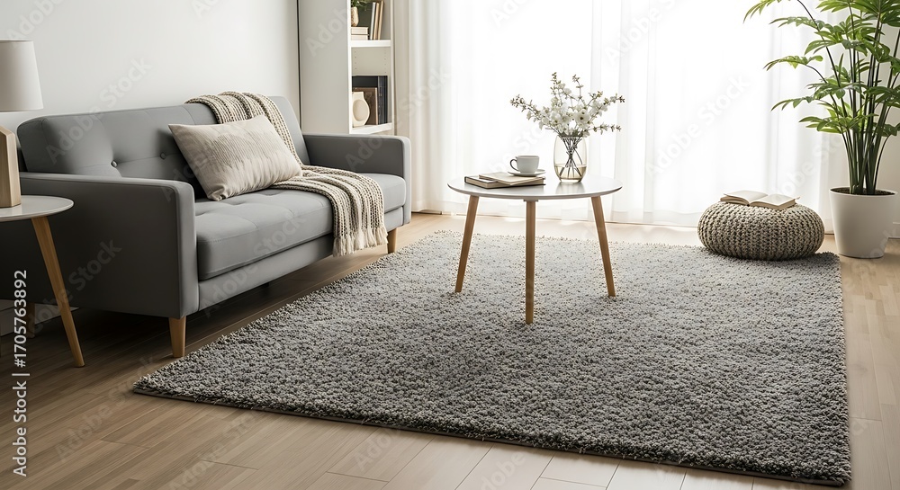 Fototapeta premium Cozy Living Room with Grey Carpet and Modern Furniture Creating a Comfortable Interior