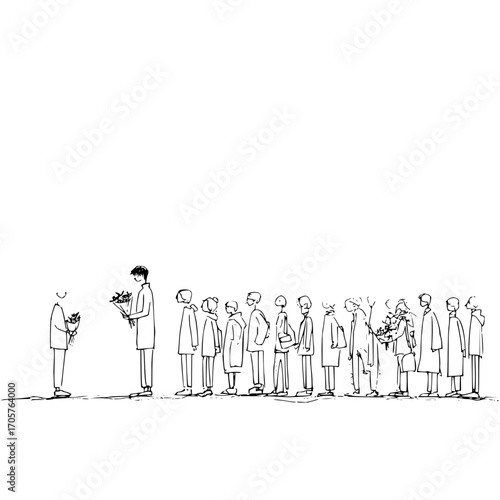 A minimalist sketch showing a line of people waiting to receive flowers from a person holding a bouquet