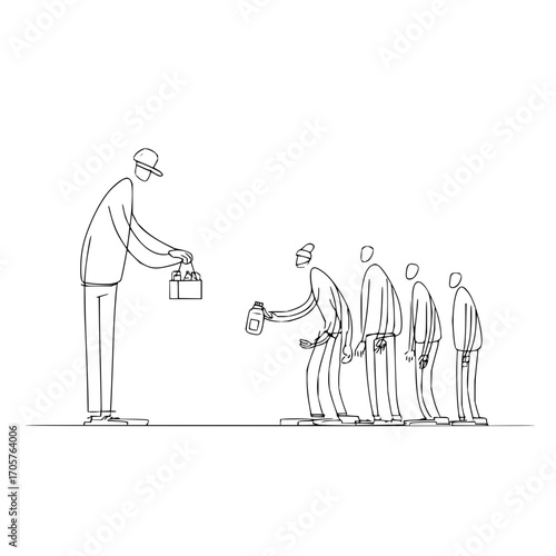 Line drawing depicts a person handing out items to a queue of people waiting in a straight line patiently