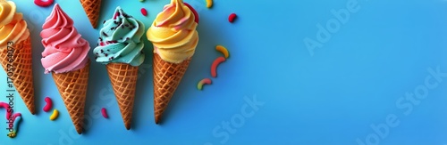 Colorful Ice Cream Cones Arranged on a Bright Blue Background With Playful Sp...