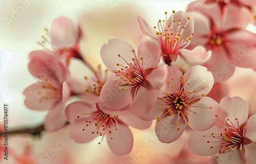 Pink Cherry Blossoms Bloom in Spring Sunlight Creating a Beautiful Floral Dis...