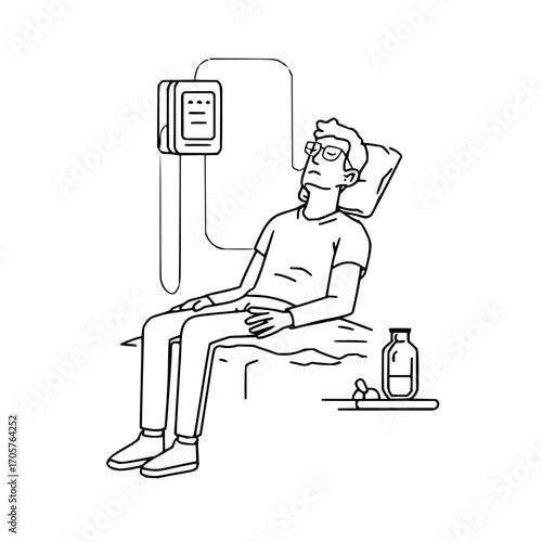 A man with glasses lies in a hospital bed connected to an iv with medicine on a bedside table near him