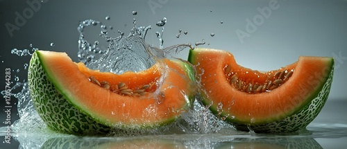 Juicy Cantaloupe Slices Splash in Refreshing Water Against a Gray Background