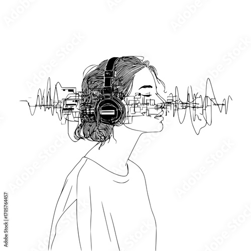 A woman wearing headphones with abstract geometric shapes and sound waves emanating from her head in black and white