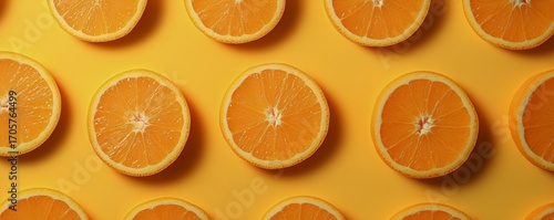 Freshly Sliced Oranges Arranged on a Bright Yellow Background for a Vibrant L...