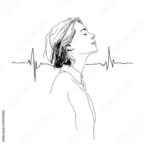 Elegant sketch of a woman with short hair and a heartbeat line in the background in black and white style
