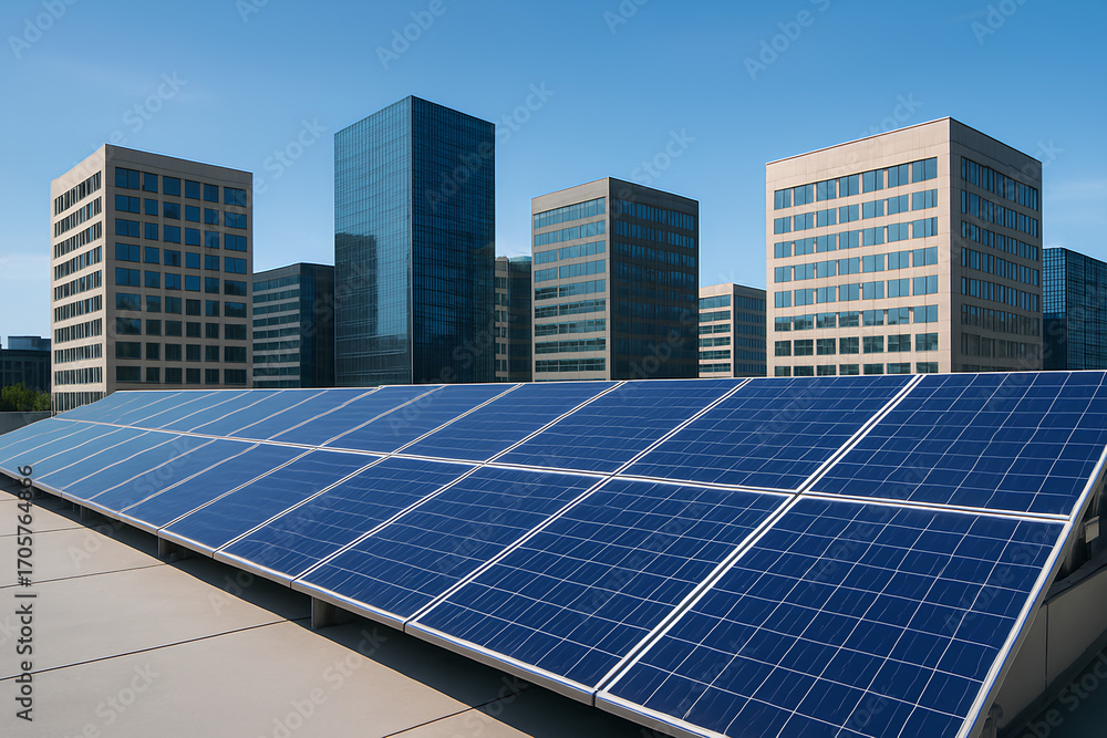 Fototapeta premium Urban solar energy system with photovoltaic modules on a rooftop, surrounded by modern commercial buildings under a clear blue sky
