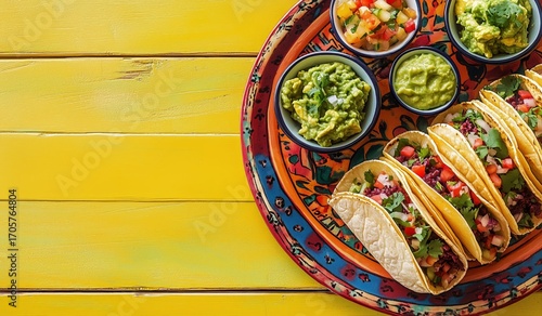 Tacos Served on a Colorful Plate With Fresh Toppings and Sides of Guacamole a...