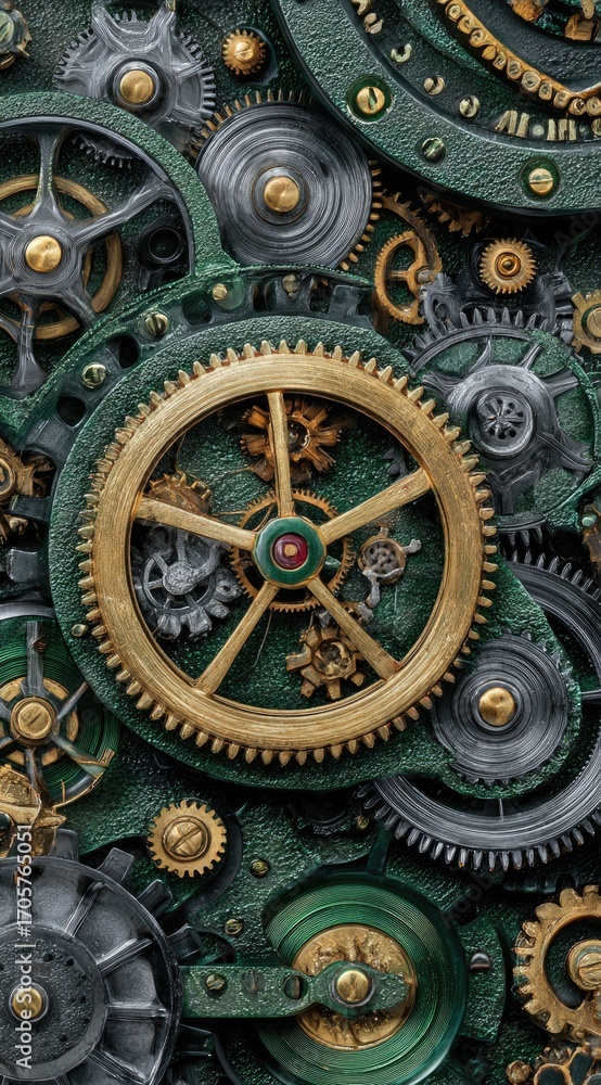 Obraz premium Intricate clockwork mechanism; gold and green gears interlock, creating a complex, detailed pattern against a dark green background