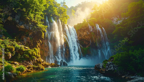 Majestic Waterfall Cascading Into Tranquil Pool of Water
