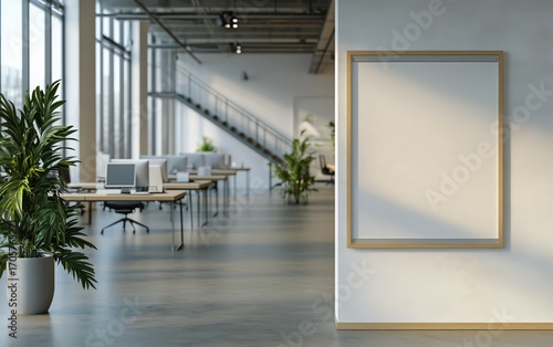 Modern Office Interior With Empty Frame and Green Plants in Natural Light