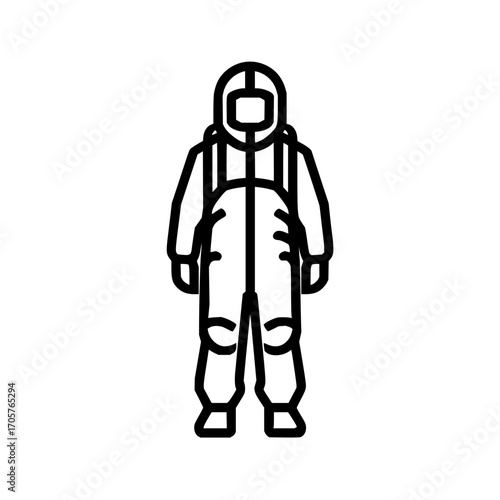 Illustration of a person wearing a full body hazmat suit with a helmet and visor standing upright view