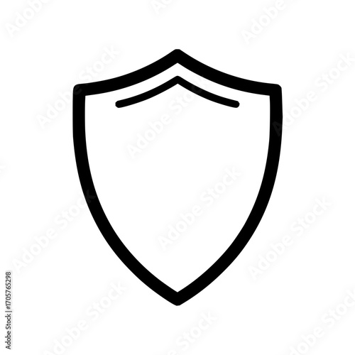 A simple black outline of a shield with a pointed bottom and a decorative line near the top edge design