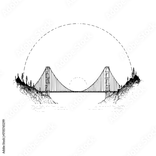Illustration of a suspension bridge connecting two land masses with trees and a dotted arc above it