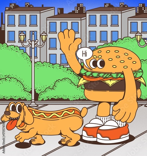 Burger with hotdog character design