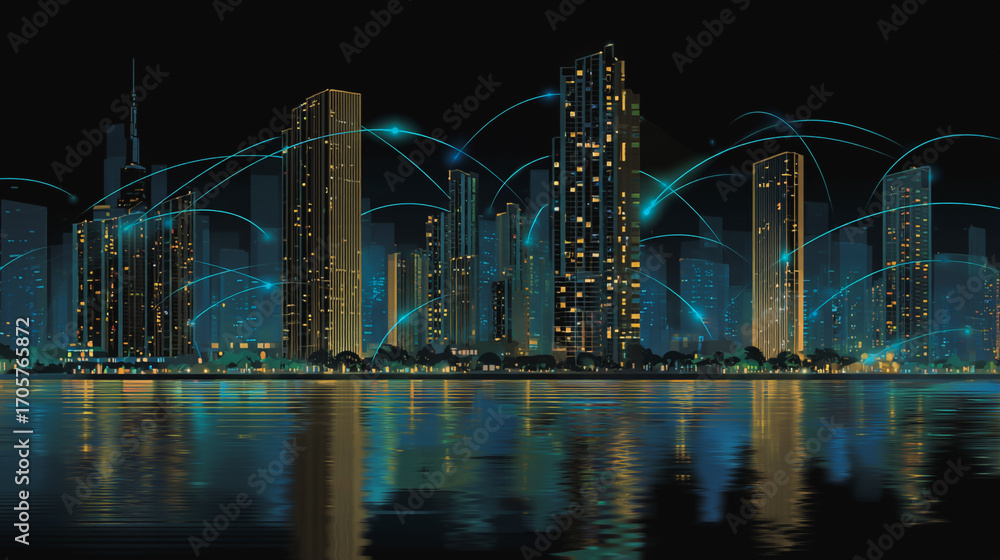Fototapeta premium Sunshine in the Smart digital Innovation city with connection network reciprocity over the cityscape. of future smart wireless digital city and social media networking systems that connects