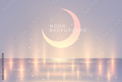 Silver purple white background with luminous elements and crescent moon, inscription Moon background. Light and shadow effects.. Space for text