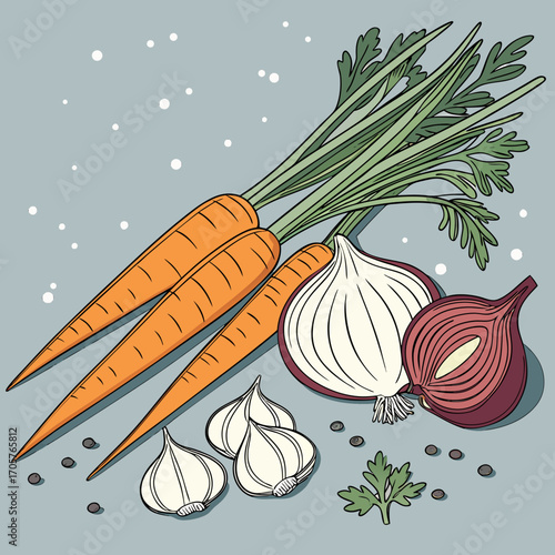 Vibrant fresh carrots, onions, garlic, and peppercorns artfully arranged for culinary inspiration and healthy eating