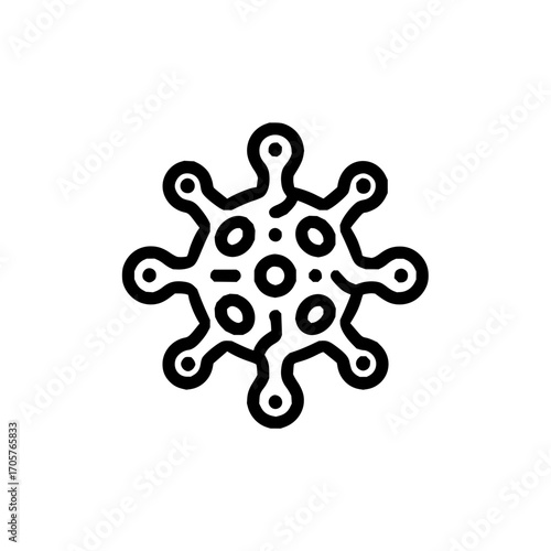 Isolated black and white line drawing of a virus cell with circular interior markings and protrusions