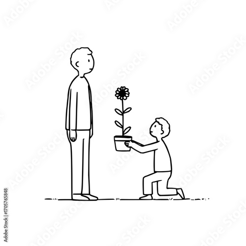 A child kneels offering a potted flower to a taller person in a simple black and white line drawing style