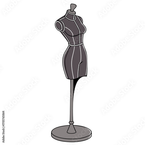 Elegant dark grey mannequin form with white stitching detail, perfect for fashion design and atelier presentations.