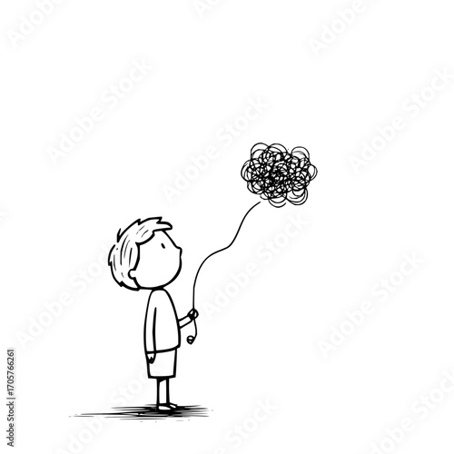 A simple drawing of a boy holding a string attached to a chaotic ball of scribbles in black and white
