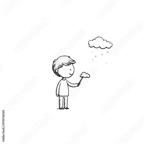 Illustration of a boy holding a cloud on a stick with a rain cloud above on a white background