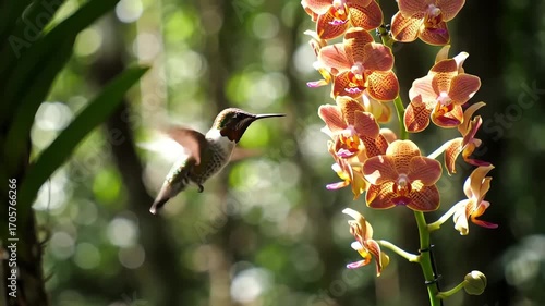 A hummingbird hovers near a cluster of orange orchids, showcasing nature's beauty and delicate balance.