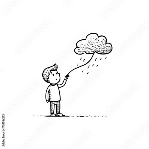 A whimsical sketch shows a boy holding a string attached to a cloud that is raining down on the ground