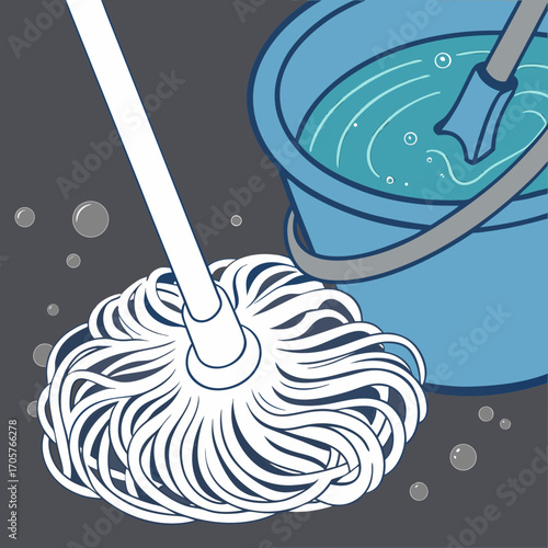 Cleaning service illustration of mop and bucket for floor cleaning and home hygiene maintenance and sanitation