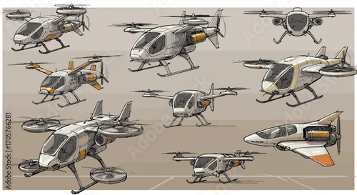 Futuristic Air Taxis Concept Sketches of Urban Transportation Vehicles