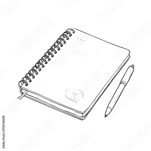 Illustration of a spiral bound notebook with blank pages and a pen lying next to it on a white surface