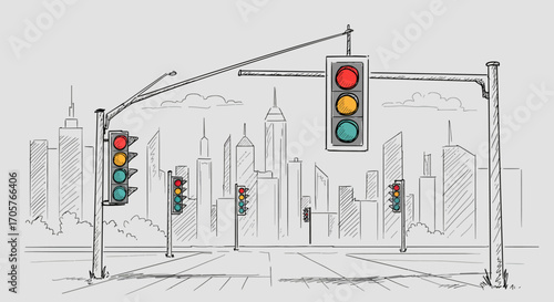 Cityscape with traffic lights on a cloudy day