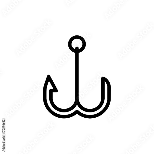 Outline drawing of a black fishing hook with a curved point and a circular eyelet at the top end