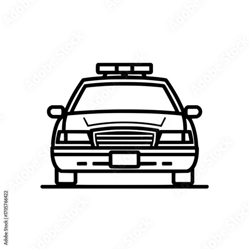 Front view of a police car with light bar in black and white outline drawing style illustration