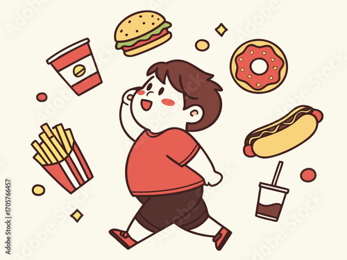 Illustration of a boy surrounded by junk food such as burger, fries, donut, hotdog and soda for unhealthy diet